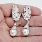 Large, retro 10.35ct diamond pearl dangle earrings in platinum GIA