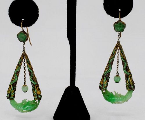 Qing Dynasty Royal Style carved jade vermeil silver dangle earrings