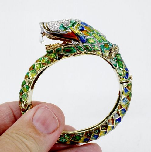 Heavy 18k gold diamond enamel snake bangle bracelet 83.5 grams