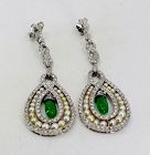 Large retro emerald diamond pearl dangle earrings in platinum