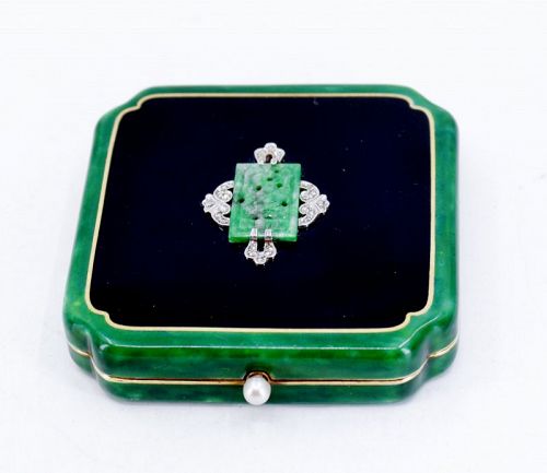 Rare Art Deco 18k gold enamel Jade diamond compact box