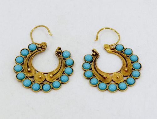 Antique turquoise dangle earrings in 20k yellow gold