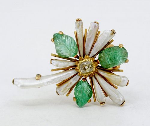 Rare Buccellati emerald diamond Bewa pearl brooch in 18k gold