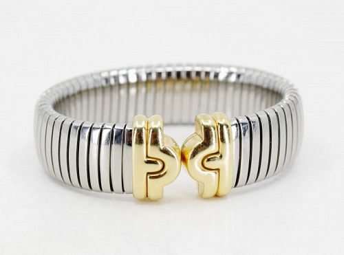 Bvlgari Italy Tubogas cuff bracelet in stainless steel and 18k gold