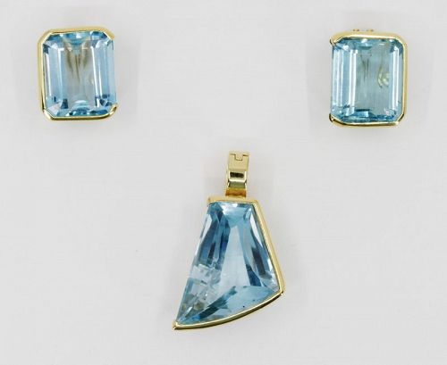 18k yellow gold blue topaz earrings pendant set made in Brazil