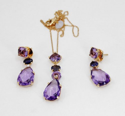 Antonini Milano amethyst diamond necklace earrings set in 18k gold