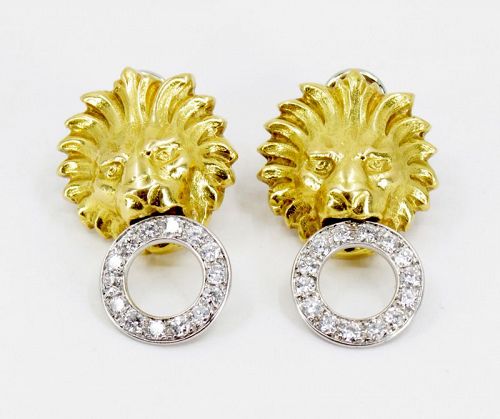 Large lion door-knocker earrings with diamonds in 18k gold