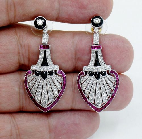 Art Deco style diamond ruby onyx dangle earrings in 18k gold