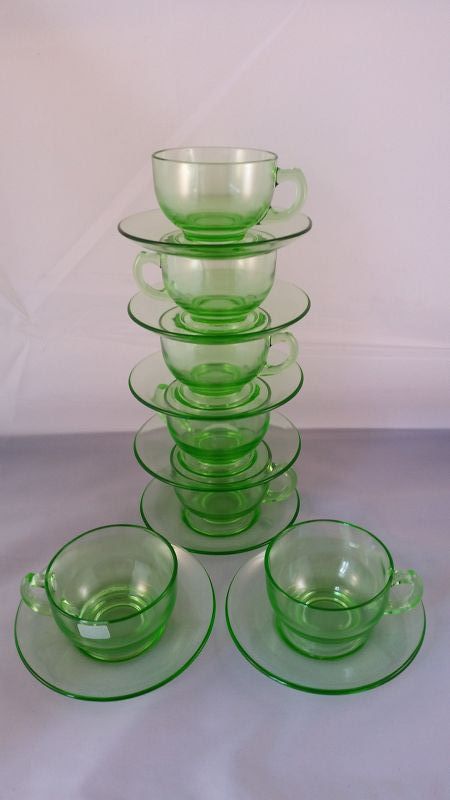 Hazel Atlas green cup and saucer set of 7