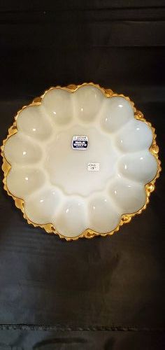 Fire King Milk White with Gold Trim Egg Plate with Label