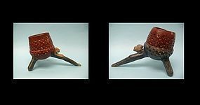 Two Aztec Pottery Ceremonial Censers with Portrait Head & Rattle