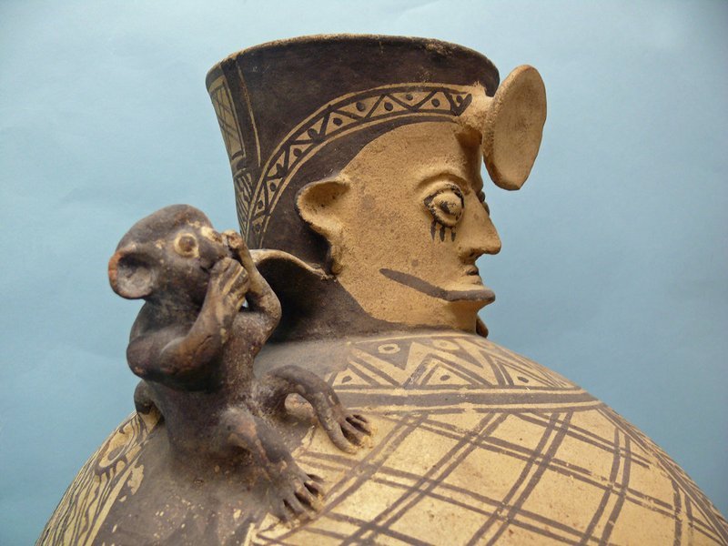 Monumental Chancay Pottery Vessel of a Hunter and Monkey