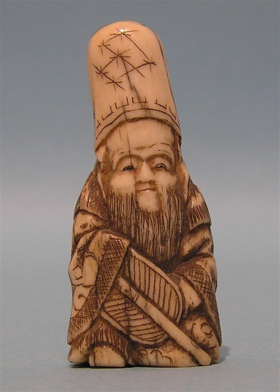 Miniature Japanese Ivory Okimono of God Fukurokuju
