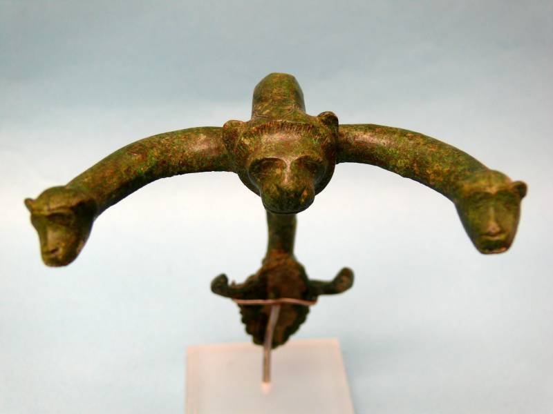 Etruscan Bronze Hydria Handle with Lion and Monkey Heads