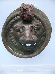 Roman Bronze Lion Mask with Handle