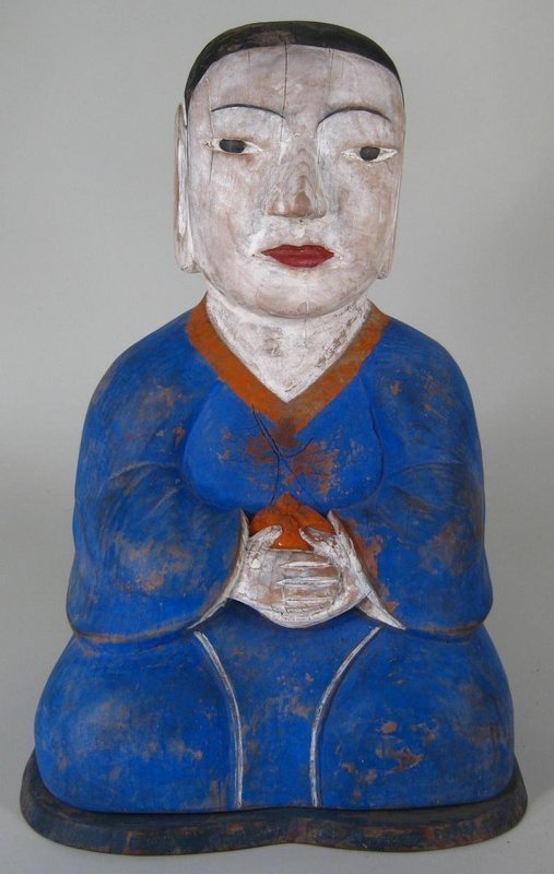 Fine/Rare Seated Polychome Painted Wood Dong-Ja Figure