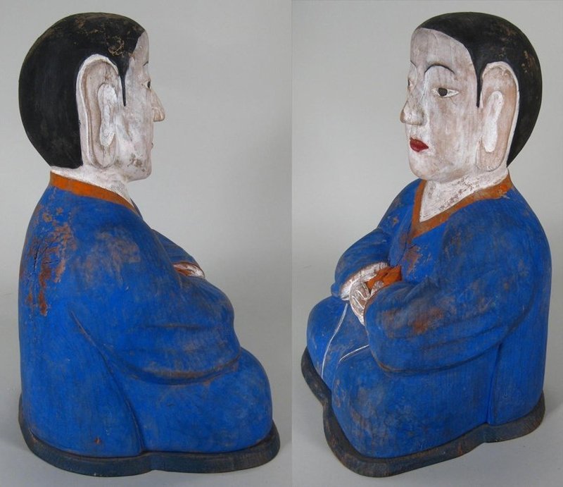 Fine/Rare Seated Polychome Painted Wood Dong-Ja Figure