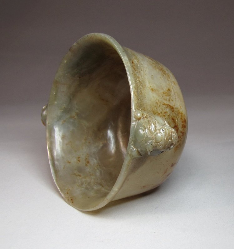 A Highly Translucent Gray Jade /Two Lion Mask Eared Cup