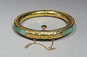 Very Rare  24K Gold Mounted Jadeite Bangle Bracelet