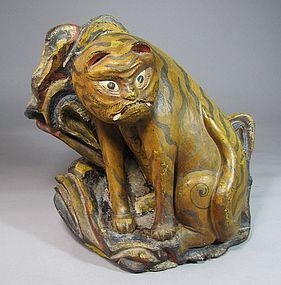 Very Rare Heavy Wood-Root Carved Tiger/Polychrome Pigments