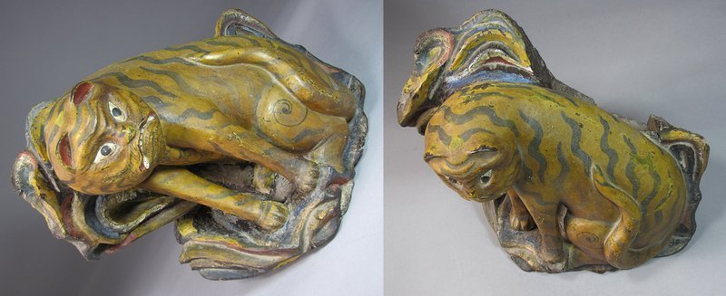 Very Rare Heavy Wood-Root Carved Tiger/Polychrome Pigments