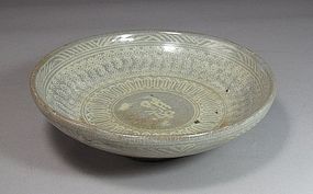 Rare Punchong Bowl with Characters White Slip Inlaid