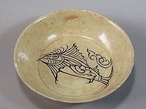 Very Rare Punchong Bowl with Fish in Underglaze Ironblack