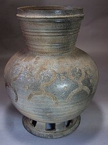 Extrem. Rare Stoneware Jar Incised with Human Figure