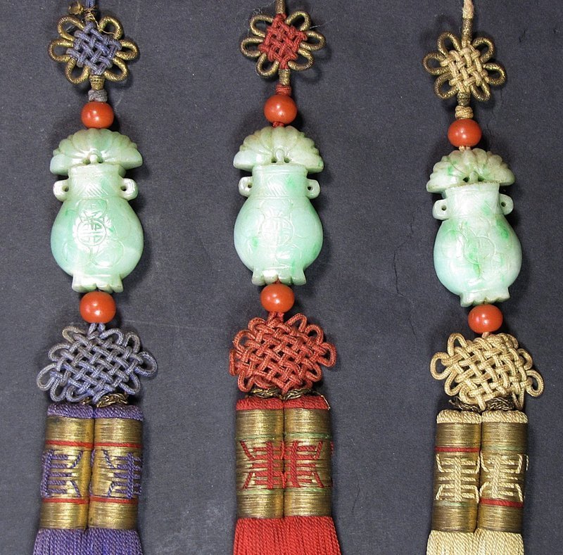 Rare/Fine Set of 3 Silk Ornamental Pendant with Jades
