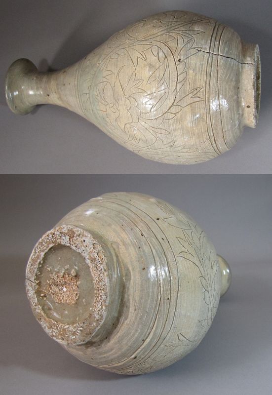 A Rare Korean Punchong Bottle Incised with Peony Blooms-16th C