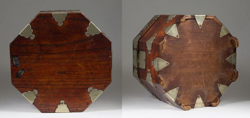 Octagonal Wood Covered Box/White Metal Hinges/Original Lock-19th C.