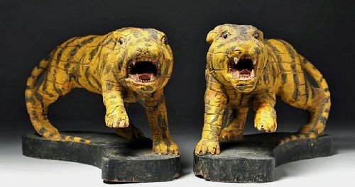 A Pair of Very Rare/Fine Polychrome Enameled Wood Carved Tigers