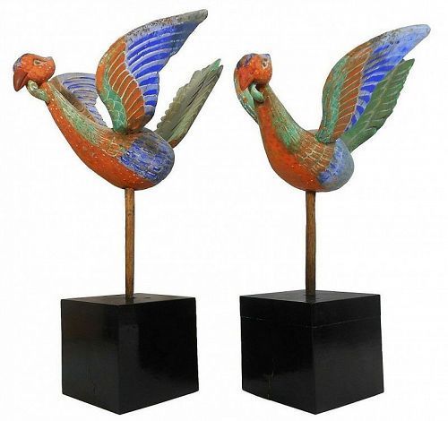 Pair of Very Rare/Fine Wood Carved Phoenixes/Mineral Pigments-19th C.