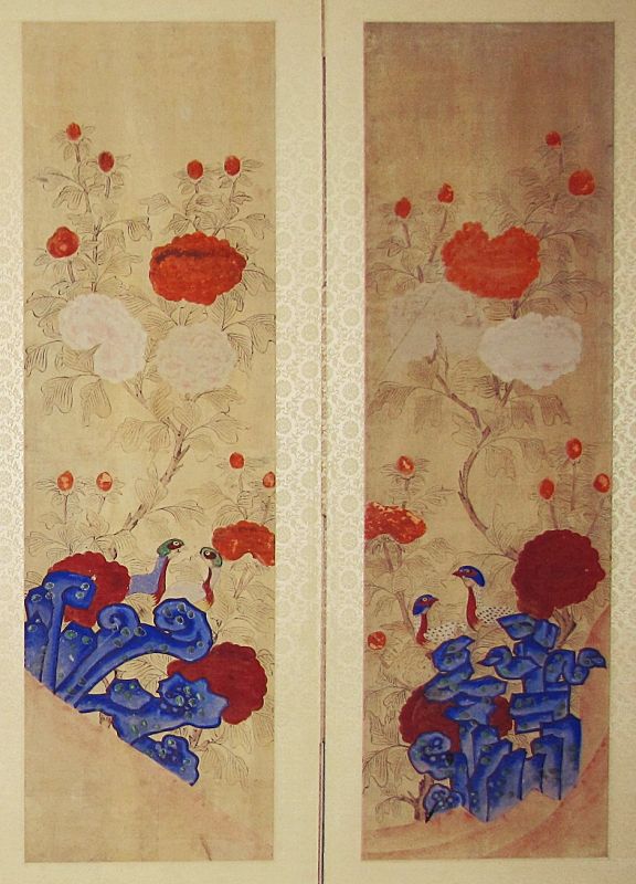 Very Fine 8 Panel Peony Screen (모란도) with Rocks and Birds -19th C