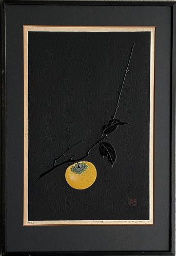 A Very Fine Woodblock Print with Persimmon by Haku Maki