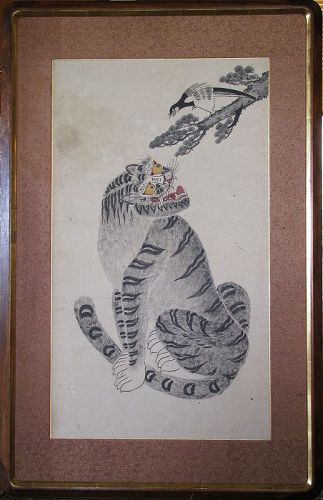 a Fine Traditional Folk Art Tiger and Magpie Painting-19th C.: