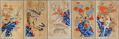 A Very Fine 5 Korean Flower/Bird Panel Paintings(花鳥圖)-19th C