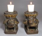 Very Rare/Fine Pair of Wood Carved Turtle Candle Stands-19th C