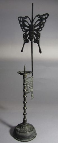 A Very Fine Bronze Candle Holder/Butterfly, Fish, Character-19th C.