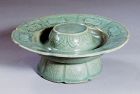 A Very Fine Blue/White Slip Inlaid Celadon Wine Cup-Stand-13th C.
