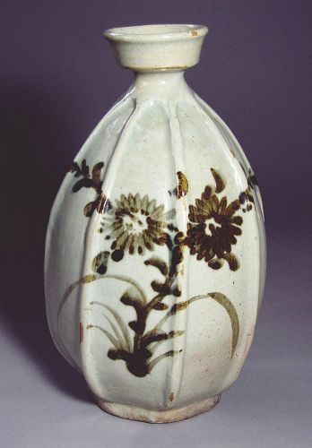 Rare 6 Faceted Iron Brown Painted/Chrysanthemum/ Bamboo Bottle-19th C.