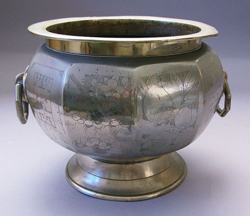 Very Fine Large Octagonal Incised Brass Brazier/Incense Burner-+19th C