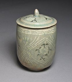 A Very Rare and Fine Inlaid Celadon Cup and Cover
