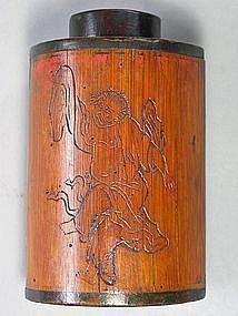 Very Rare Bamboo Tea Caddy/Incised Poems/Dancing