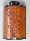 Very Rare Bamboo Tea Caddy/Incised Poems/Dancing