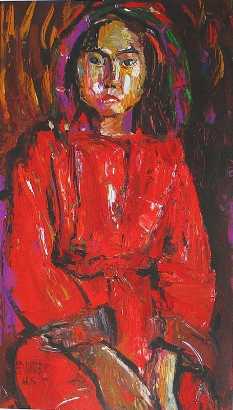 A Young Lady in Red Oil Painting by Kim Heung Sou