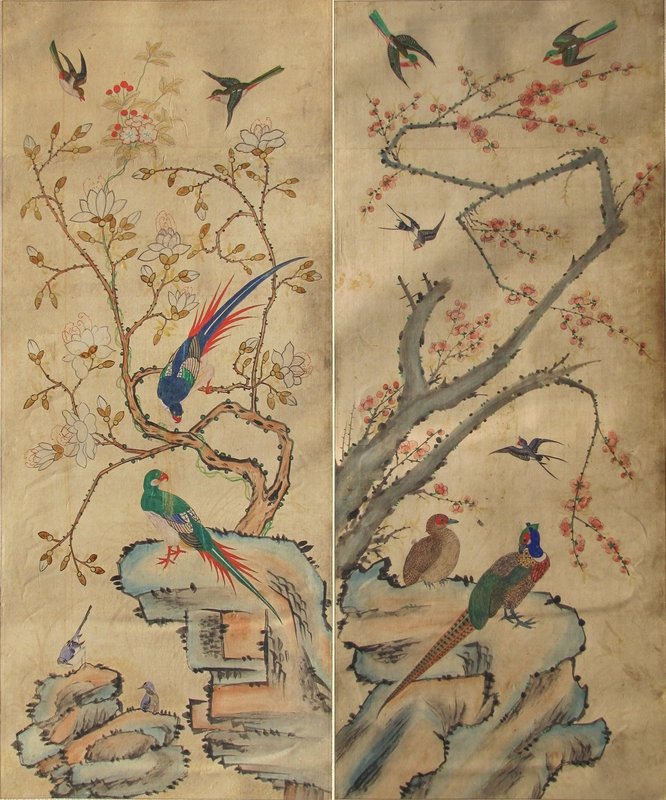 Fine/Large 8 Panel  Bird/Flower Folk Painting Screen