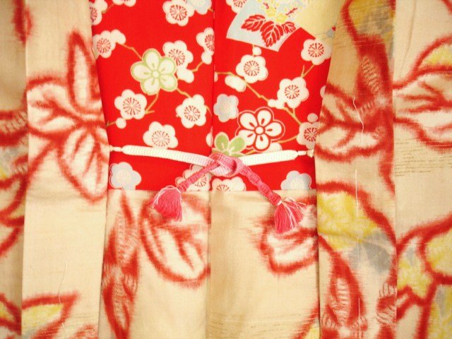 Japanese Vintage Textile Meisen Haori Beige &amp; Red