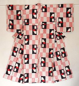 Japanese Vintage Meisen Kimono White, Red, Black