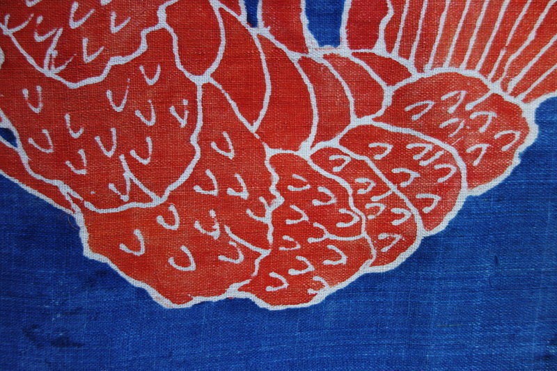 Japanese Antique Textile Asa Cloth with Tsutsugaki Shrimp
